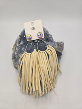 Load image into Gallery viewer, Beige suede fringe earrings with sparkly crystal gems