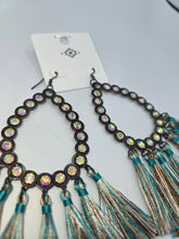 Load image into Gallery viewer, Turquoise and brown fringe with teardrop shaped metal with rhinestone earrings