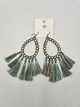 Load image into Gallery viewer, Turquoise and brown fringe with teardrop shaped metal with rhinestone earrings