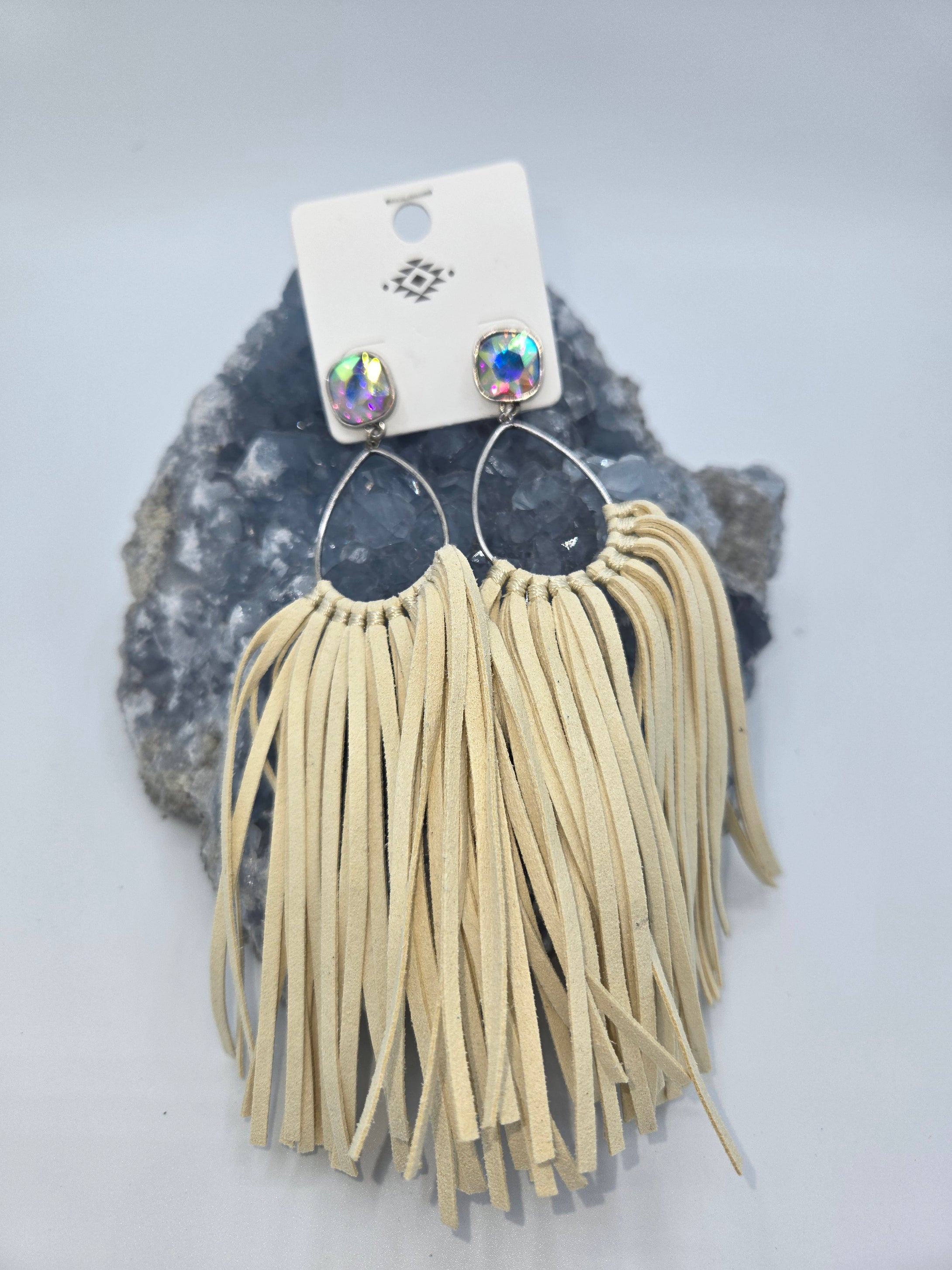 Beige suede fringe earrings with sparkly crystal gems