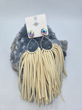 Load image into Gallery viewer, Beige suede fringe earrings with sparkly crystal gems