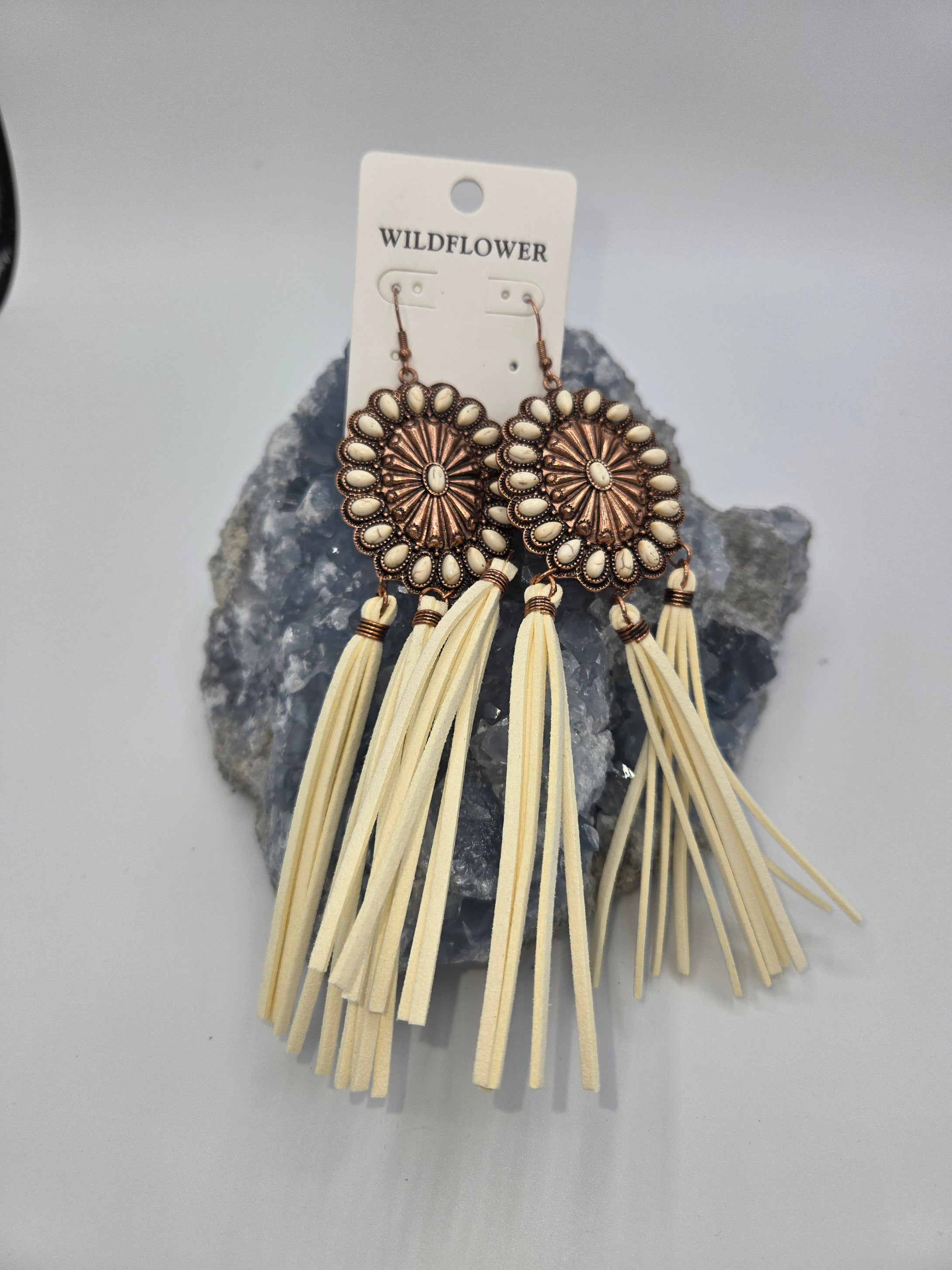 Beige suede fringe with copper metal accent and stones