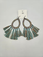Load image into Gallery viewer, Turquoise and brown fringe with teardrop shaped metal with rhinestone earrings