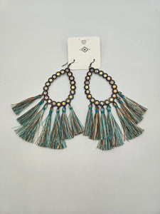 Turquoise and brown fringe with teardrop shaped metal with rhinestone earrings