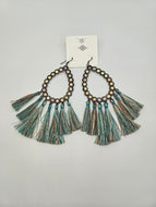 Turquoise and brown fringe with teardrop shaped metal with rhinestone earrings