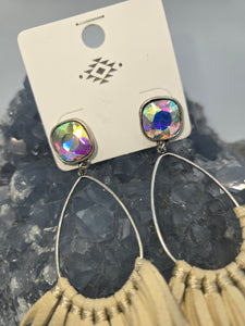 Beige suede fringe earrings with sparkly crystal gems