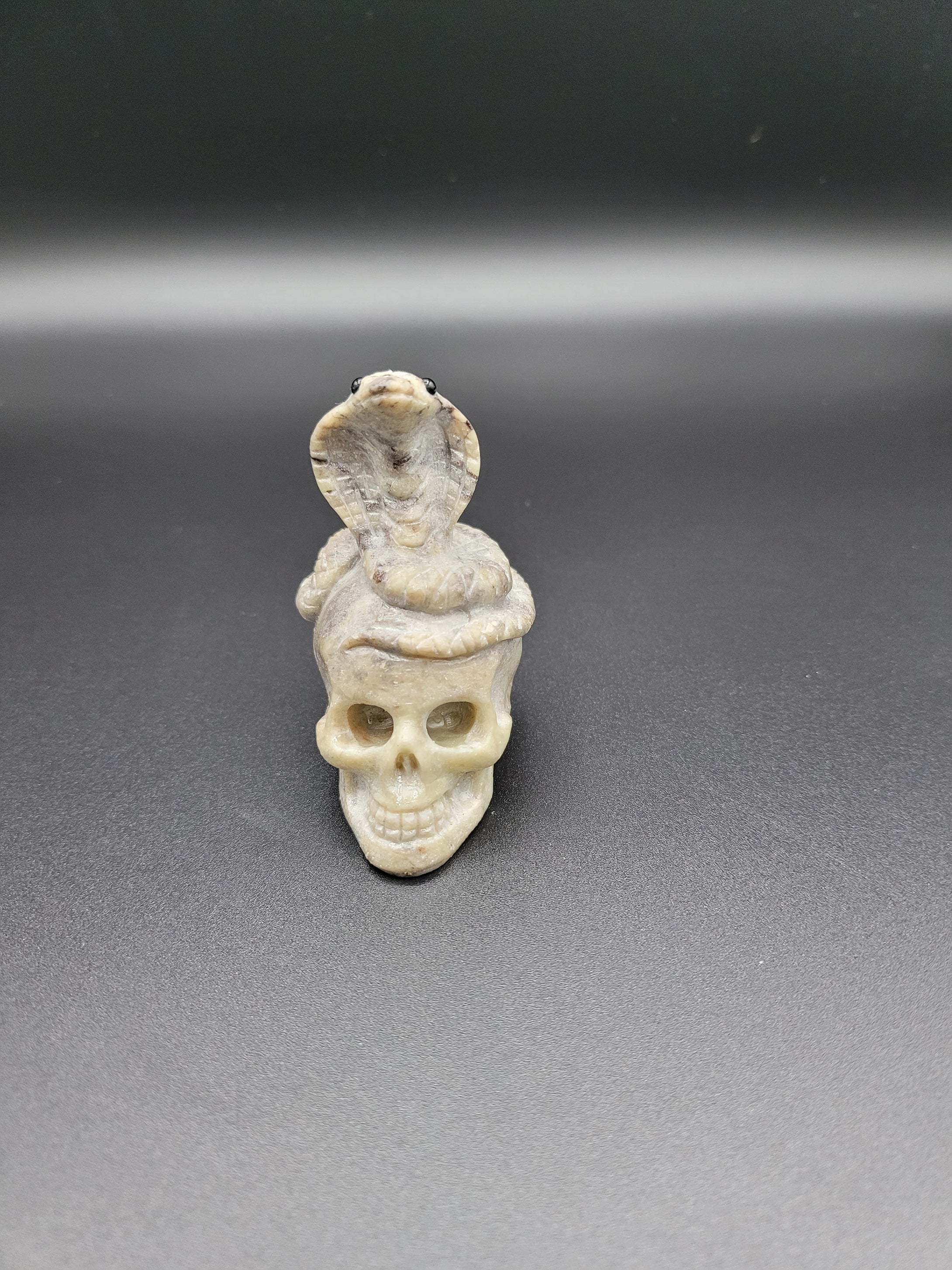 Natural Mineral Specimen, Pagodite.  Hand carved, Skull and cobra sculpture
