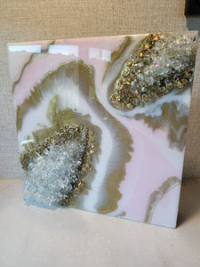 Resin Geode Art - Pink Gold White Crystal Cluster